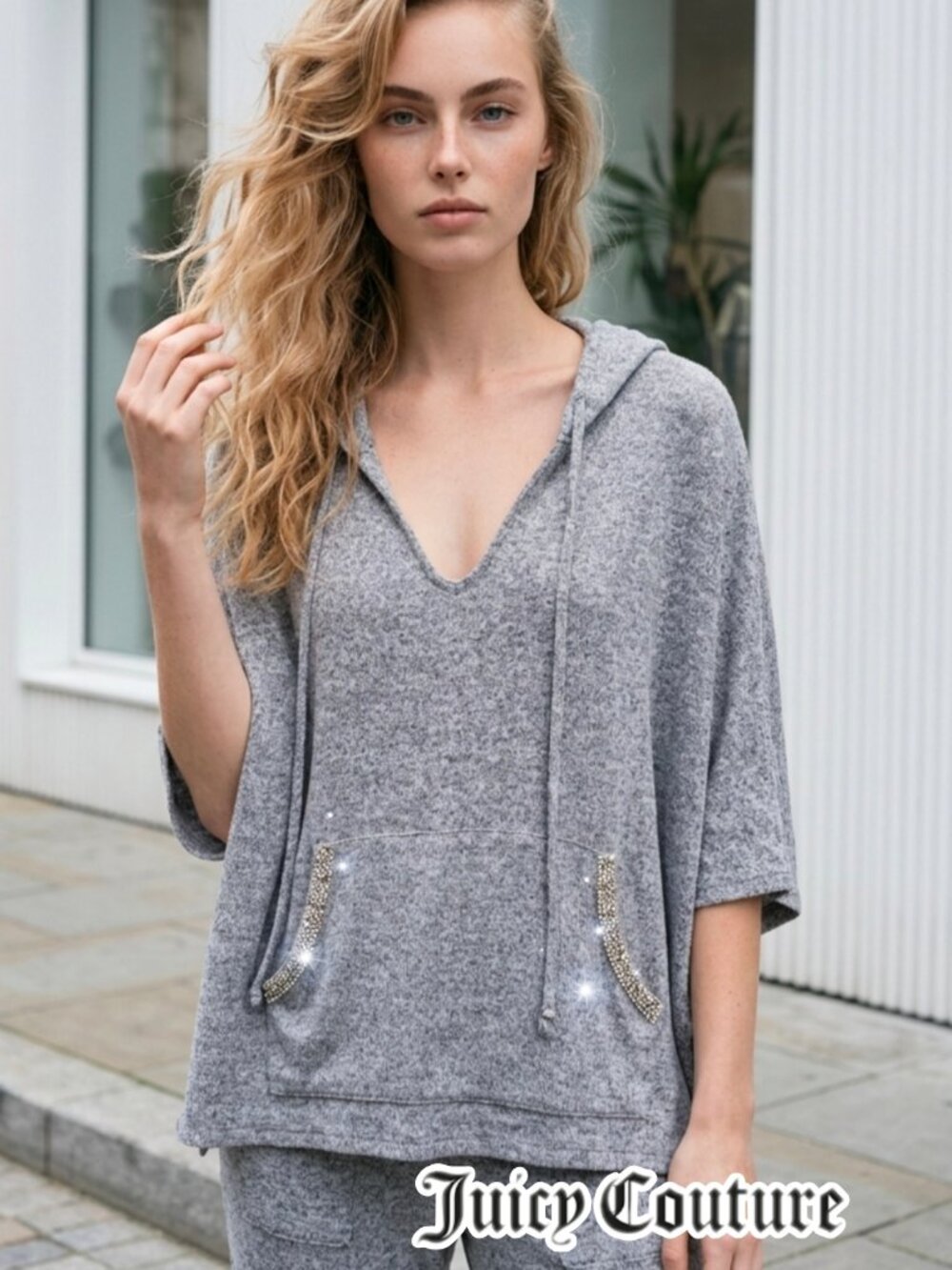 Juicy Couture Grey Hooded Poncho with Rhinestone Pockets